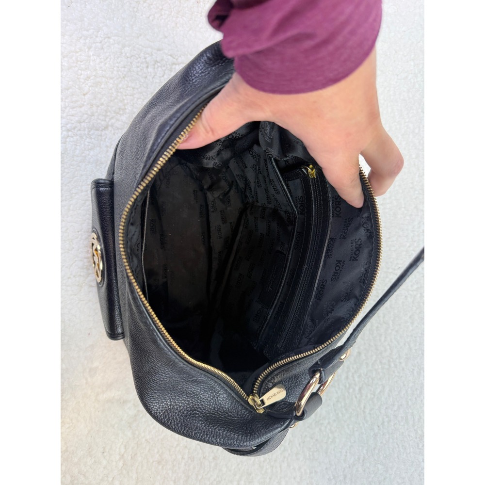 Michael Kors Fulton Hobo Bag Black Pebbled Leather Gold MK Logo Shoulder Bag - Picture 10 of 14
